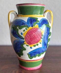 Vintage Italian Hand-Painted Majolica Ceramic Vase with Floral Motifs and Yellow Handles