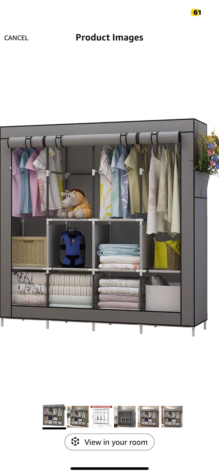 UDEAR Portable Closet Large Wardrobe Closet Clothes Organizer with 6 Storage Shelves, 4 Hanging Sections 4 Side Pockets,Grey