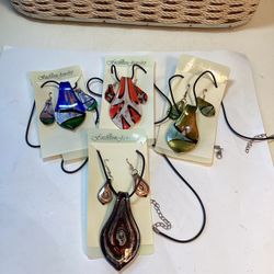 Set Of 4 New Handmade Glass Pendants And Earrings Sets With Cords