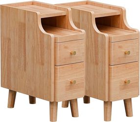 Narrow Nightstand Set of 2, 19.7" H Pre-Assembled Solid Wood Small Skinny Night Stand with Drawers,