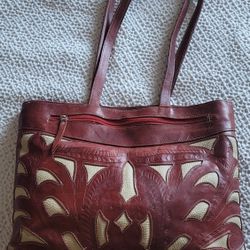 Red & Tan Leathers in Leather Classic Cutout Square Tote 