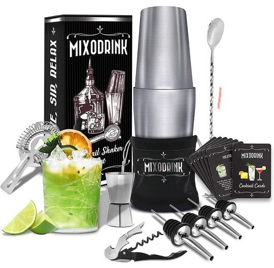 Mixodrink 28oz Cocktail Shaker Set - 12 Piece Stainless Steel w/ Drink Mixer Book | Boston Shaker Bar Kit | Mixology Bartender Kit