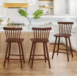 24 in. Brown Classic Windsor Back Contoured Seat Bar Stools Solid Wood Counter Height Barstools (Set of 3)