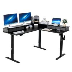 221# L Shaped Desk, Electric Adjustable Height Corner Gaming Desk with CPU Stands, Dual Hooks and Fabric Drawers, L-Shaped Computer Table with Power S