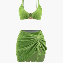 Green 3 Piece Bathing Suit Set With Skirt 