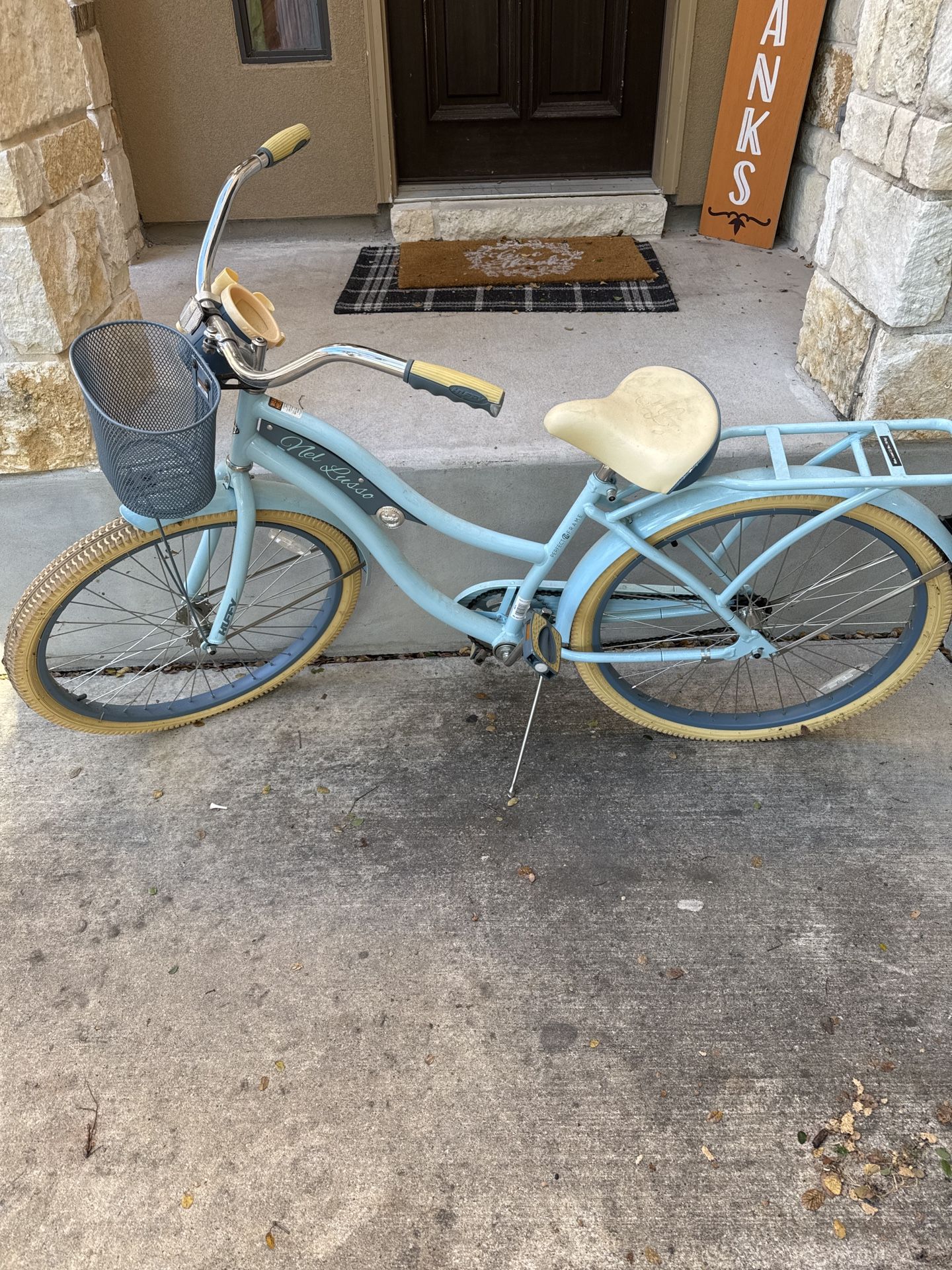 Light Blue Huffy Nell Cruiser With Basket And Rear Rack