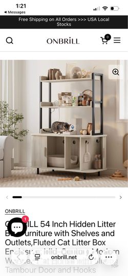 Hidden litter box ONBRILL 54 Inch Hidden Litter Box Furniture with Shelves and Outlets,Fluted Cat Litter Box Enclosure, Mid-Century Modern Wooden Cat 
