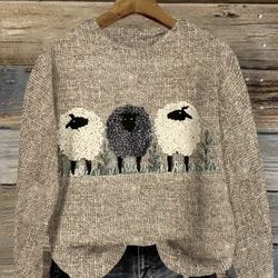 2D Full-Body Print Black and White Sheep Style Crew Neck Sweater