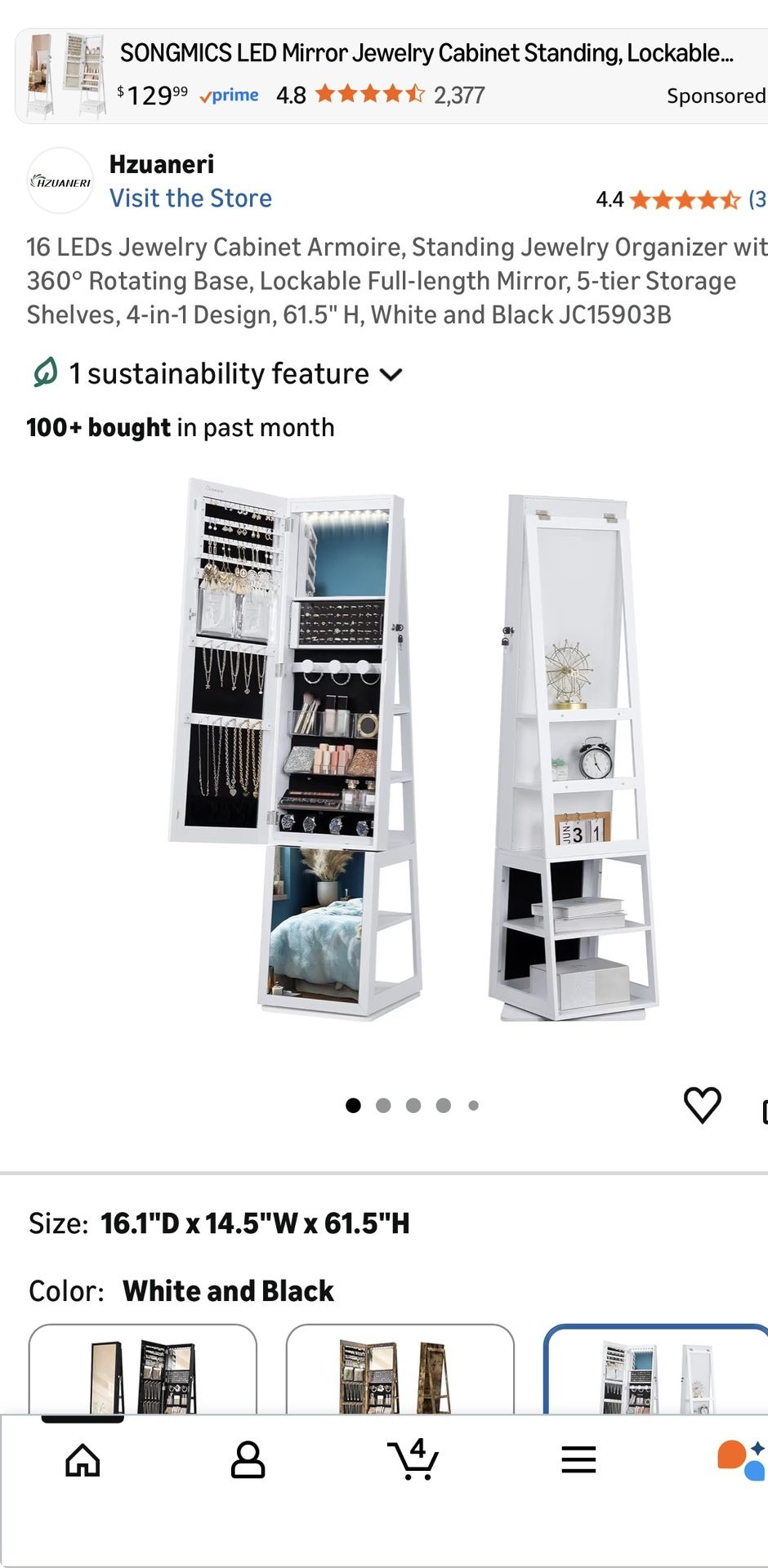 EDs Jewelry Cabinet Armoire, Standing Jewelry Organizer with 360° Rotating Base, Lockable Full-length Mirror, 5-tier Storage Shelves, 4-in-1 Design, 6
