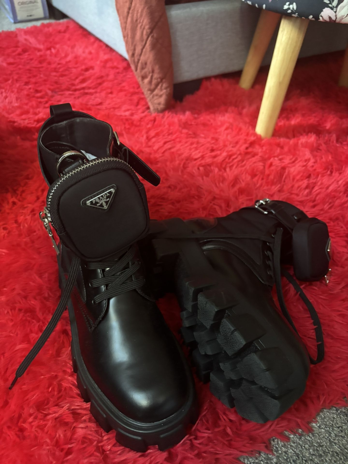 Prada Women’s Monolith Leather And Re-Nylon Boots With Pouch