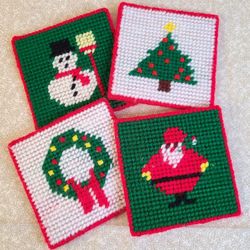 New Christmas Coasters Handmade Yarn Needlepoint Set