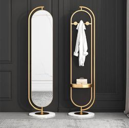 Luxury Gold Full Length Floor Mirror with Coat Rack, Modern Standing Mirror with Hooks
