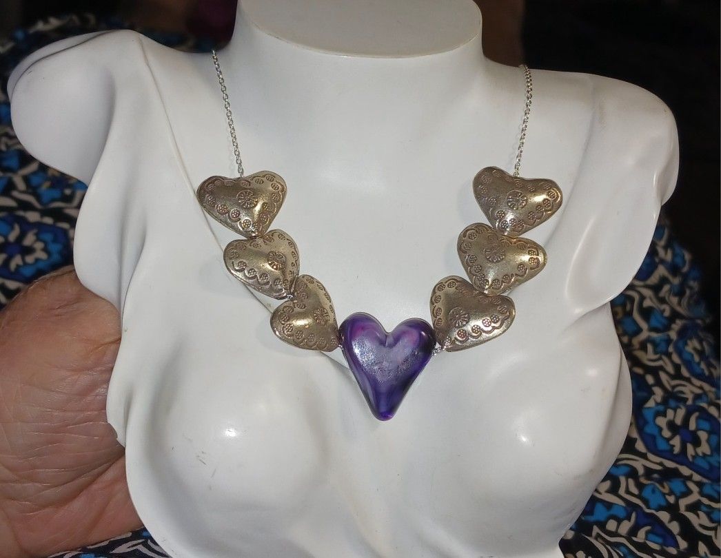 925ss Stamped Design Heart's, Purple Lampwork Heart 18"necklace