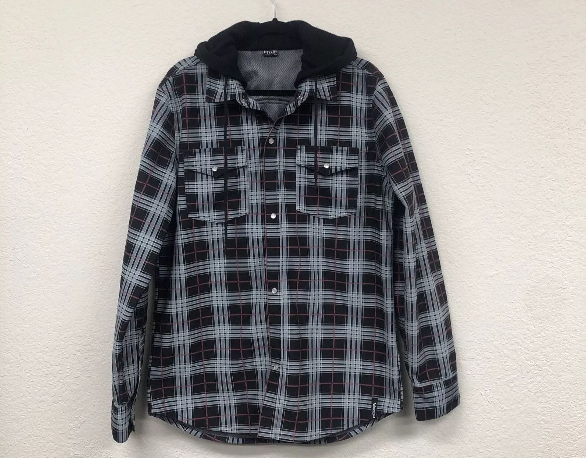 Volcom Flannel Hooded Button Shirt Black And Plaid Size Medium Long Sleeve