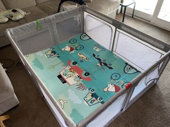 Huge Play Pen 70”x60”x27”. Double Sized mat With Attached Hook