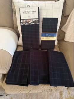2 New Black Microfiber Dish Drying Mats and 3 Black Dish Towels Home Collection