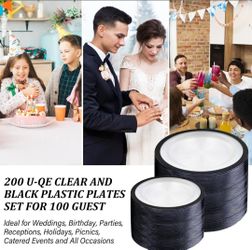 New 200 Pcs Clear & with Black ring Plastic Plates for Party
