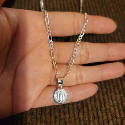 925 Sterling Silver Dainty Diamond Cut Necklace w/ Small Virgin Mary Charm for Women 20" Plata 925 Cadena & Dije Virgen Guadalupe Para Dama 20"