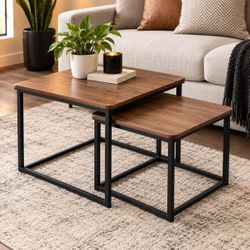 NEW Set of 2 Nesting Coffee Tables – Wood Top & Black Metal Frame
