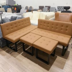 4 Piece Dining Set ，with 2Upholstered Bench and 2 single chairs Modern Caramel Brown