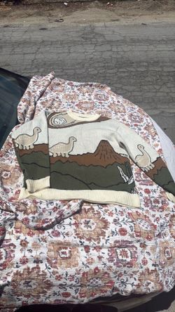 Khaki Brown & Green Dinosaur Volcano Crewneck Sweater size 2xL