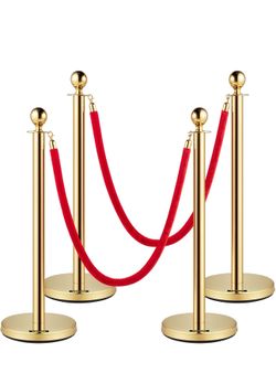 (4) Gold stanchions with 2 velvet ropes Brand new in box