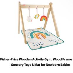 Fisher-Price Wooden Activity Gym, Wood Frame with 3 Sensory Toys & Mat