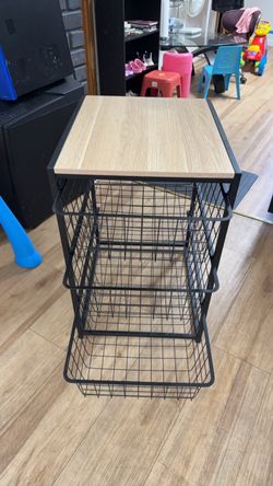 3-Tier Metal Mesh Drawer Organizer / Storage Cart with Wood Top