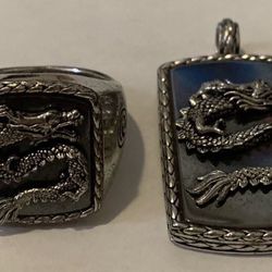 Effy Mens 925 Sterling silver onyx dragon Ring &  matching dog tag pendant, 21.50 TCW