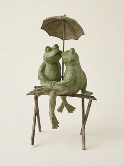 Frog Couple on Bench with Umbrella Garden Statue – Approx. 12” Tall