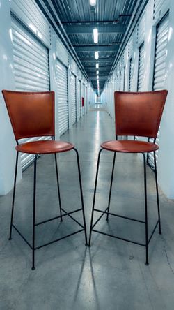 Pair of Rustic Spanish Hacienda Wrought Iron & Hand-Cut and Tooled Leather Bar Stools.