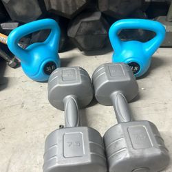 pair of 7.5lb dumbbells and 5lb pair of kettlebells $25