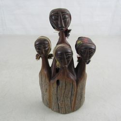 African Native Tribal Women Hand Carved Folk Art Wood Sculpture 6 3/4"
