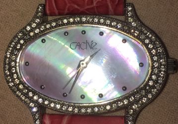 CACHE Vintage Pink Leather Oval Mother Of Pearl Watch Silver & Sparkle Jewels Needs new battery Sold as is no returns