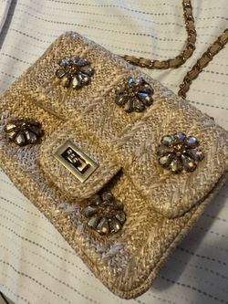 Stunning designer straw bag purse with crystal embellishments Camomille Love