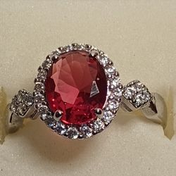 Silver Tone Simulated Red Stone 