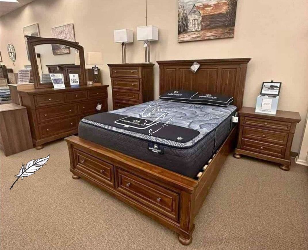 🔥Brand New🌼Flynnter Medium Brown Queen Sleigh Bed, Dresser, Mirror And 2 Nightstands