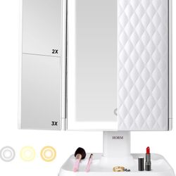 Makeup Mirror Vanity with Lights - 3 Color Lighting Modes 72 LED Trifold Mirror, 1x/2x/3x Magnification, Touch Control Design, Portable High Definitio