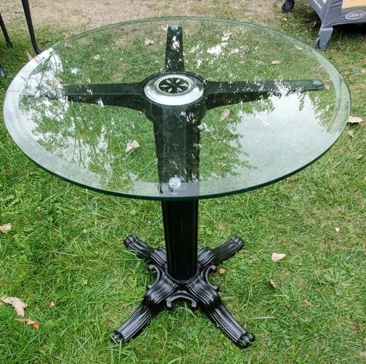 Unique Thick Beveled Glass Top Metal Base Table!