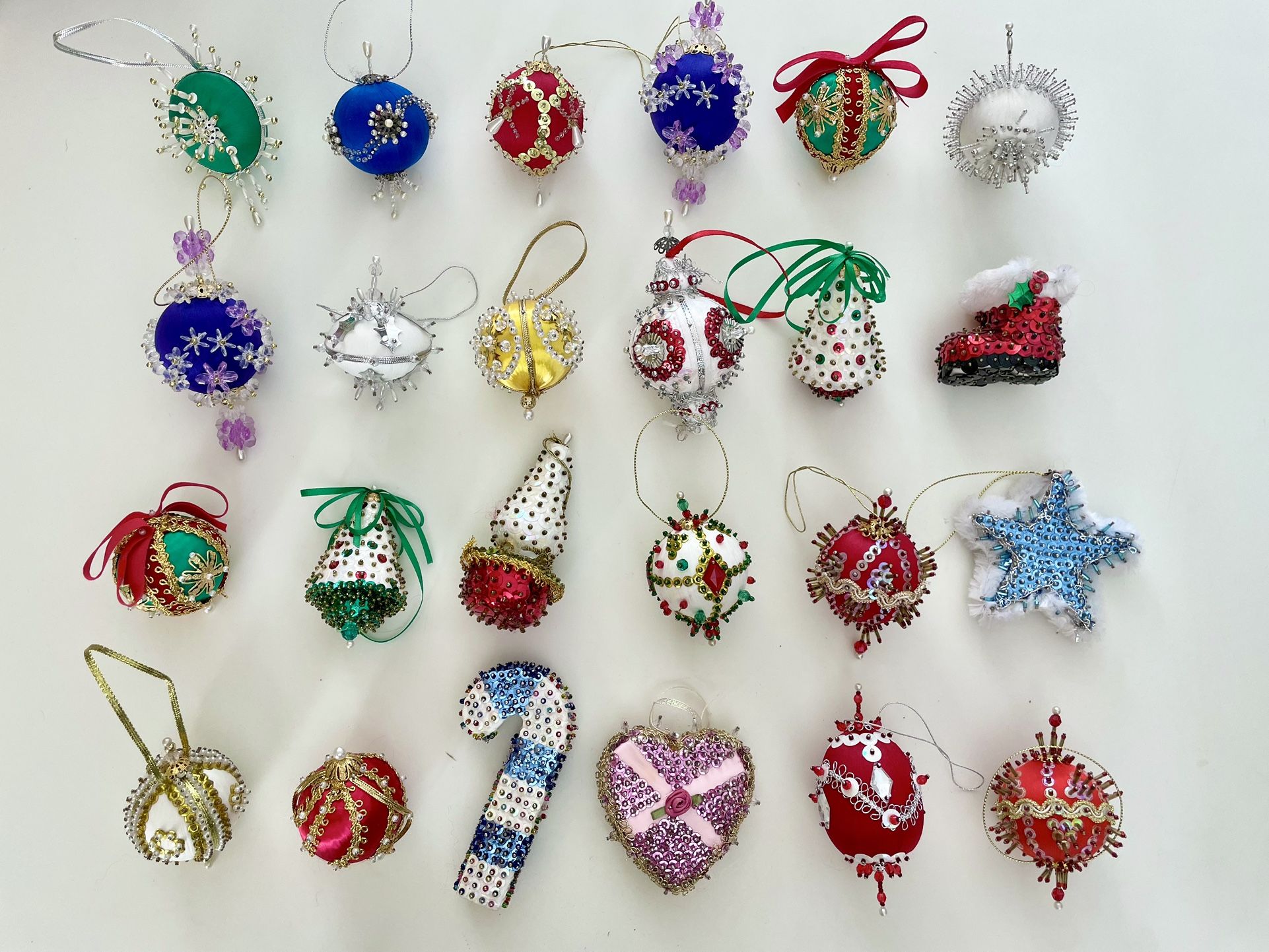 Lot of 24 Vintage Beaded Satin Sequin Handmade Ornaments