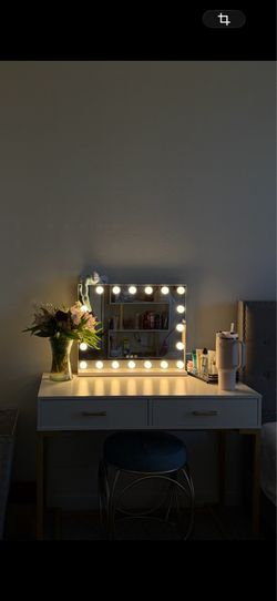 Like New White & Gold Makeup Vanity + Hollywood LED Mirror (Set)