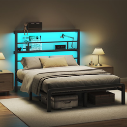 Patbrela Full Bed Frame with LED Lights & Storage Headboard