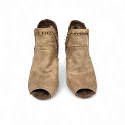 Women’s size 6.5 Fergalicious tan suede open toe ankle heel boots