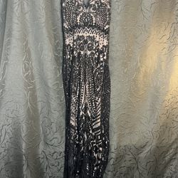 Elegant Black and Nude Sequin Evening Gown – Size 12 – $200
