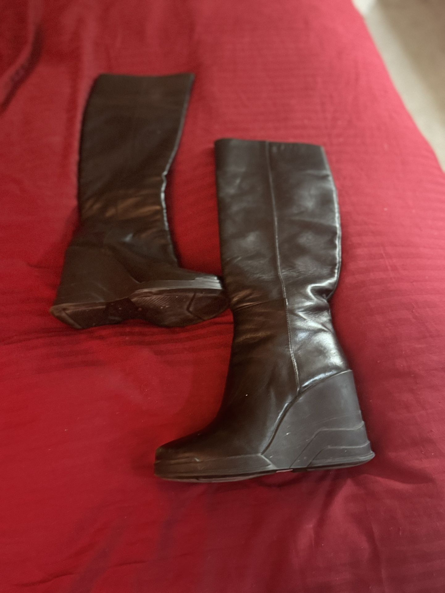 Authentic Prada Black Soft Leather Knee High Wedge Boot, Used, Flaw And Normal Wear, Size 10.5