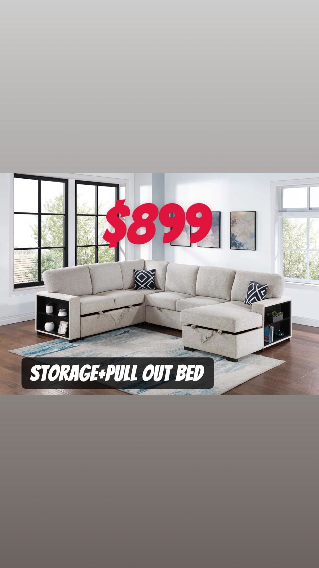 4-Piece Convertible Sectional Sleeper Sofa W/Fold-Down Table, Chaise Storage, Wireless Charging & Built-in Shelf