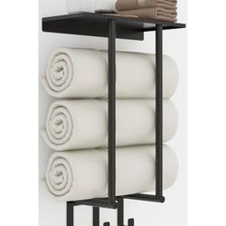 Towel Racks for Bathroom, Bathroom Towel Rack Wall Mounted with Metal Shelf and 3 Hooks for Small Bathroom, Black