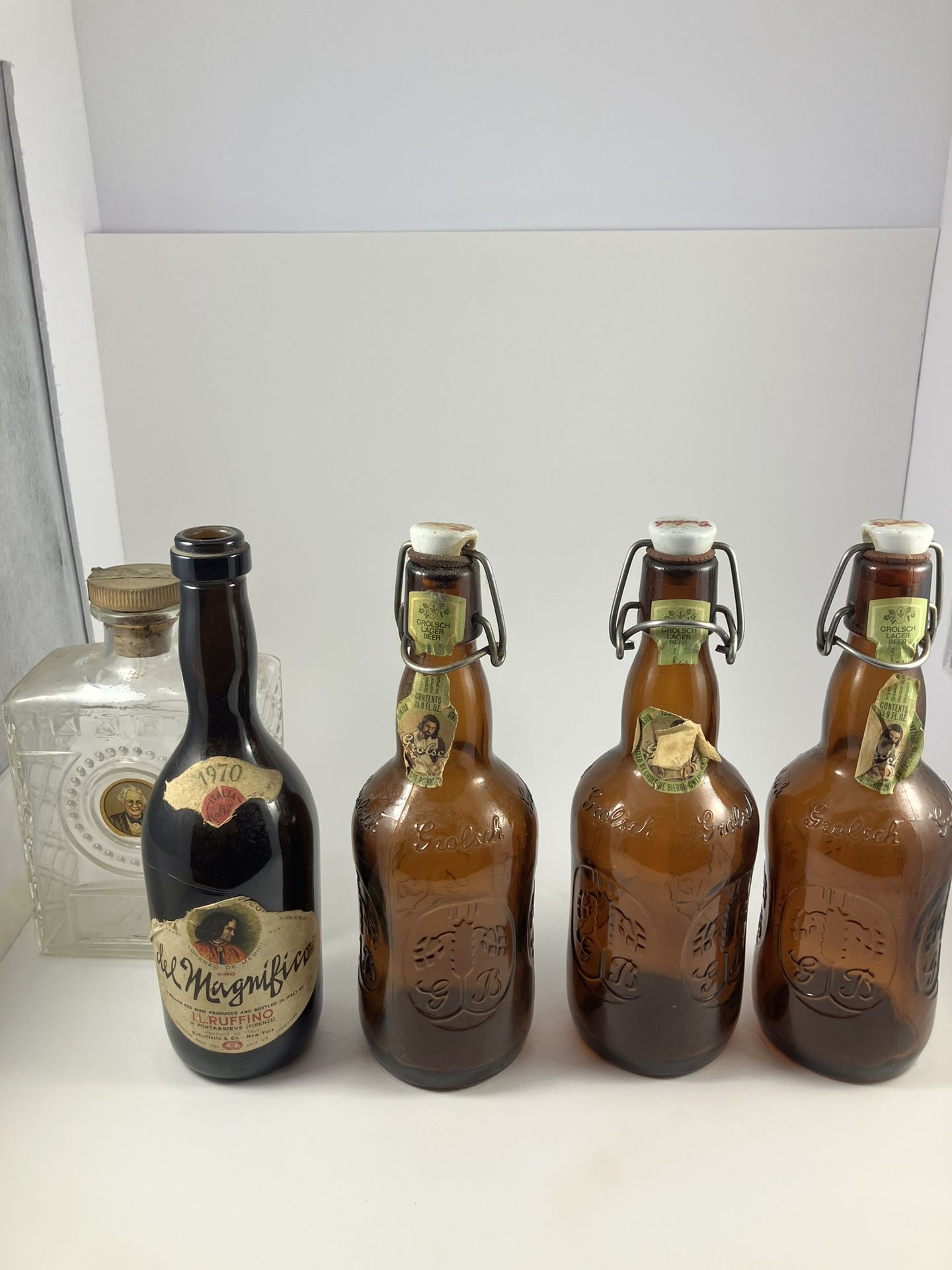 Vintage Empty Bottle Lot 1970 Ruffino Chianti + 3 Grolsch Swing-Tops + Old Grand-Dad – Bar Decor