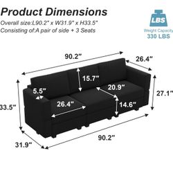 Black Modern 3-Seat Convertible Sofa