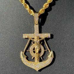 14K solid Yellow Gold CZ stones Jesus Anchor Mariner Cross Religious Pendant Charm 7.2 grams